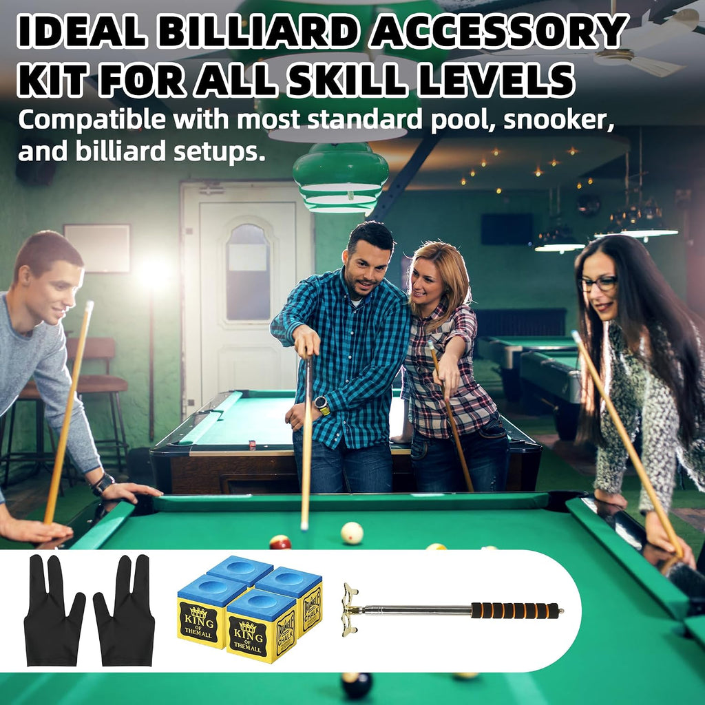 Pool Cue Bridge Head Kit with 2 Billiard Gloves & 4 Cue Chalks | Billiard Accessory Set for Pool Table, Smooth Stroke