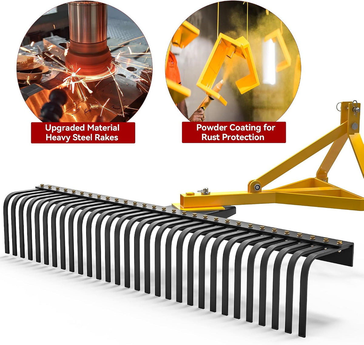 3 Point Landscape Rock Rake for CAT 1, 5 FT Attach Tractor Rake | 32 Heavy Duty Steel Tines, 360 Degree Rotation