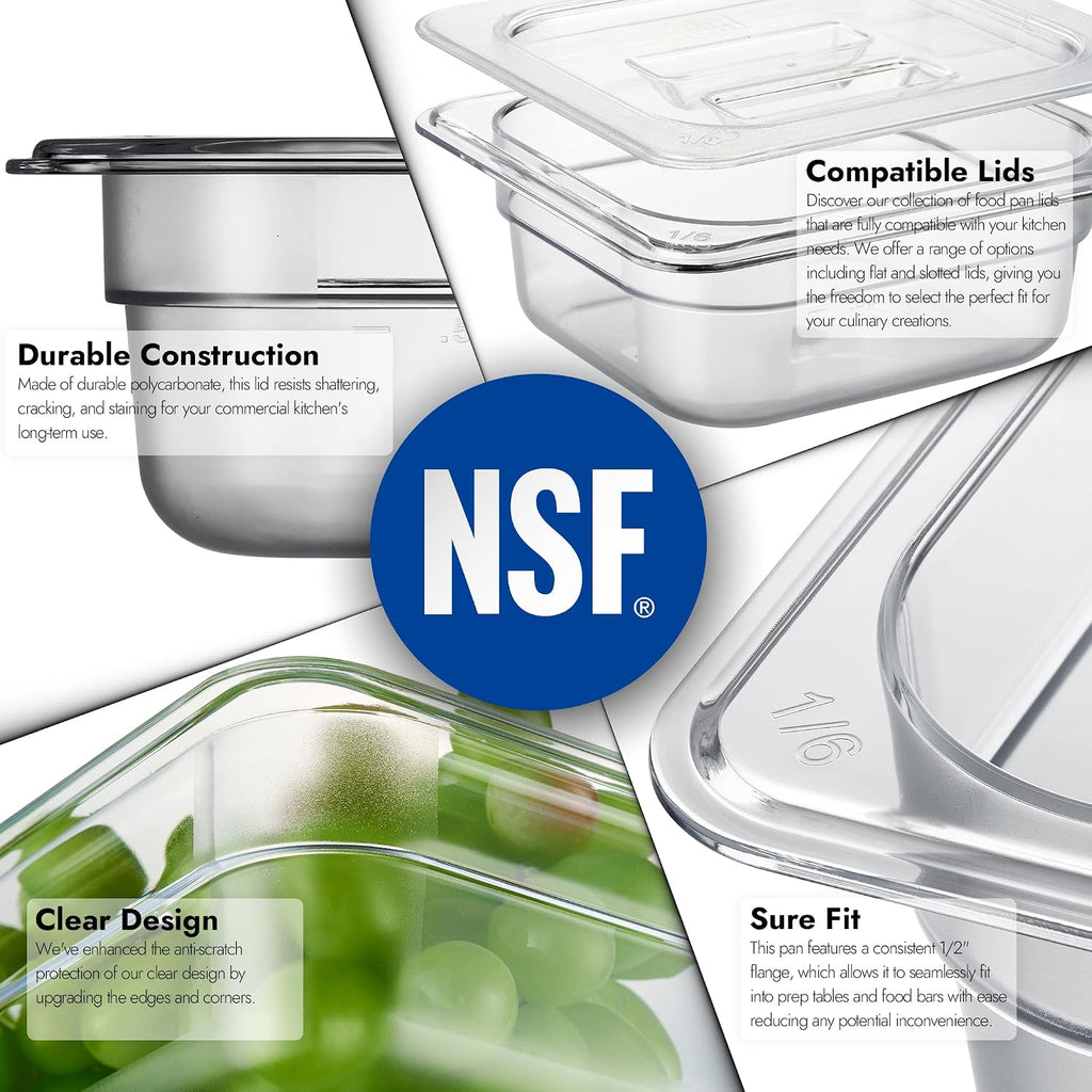 6-Pack 1/6 Size 2.5" Deep NSF Polycarbonate Food Pans | Dishwasher & Freezer Safe Clear Container for Prep Tables