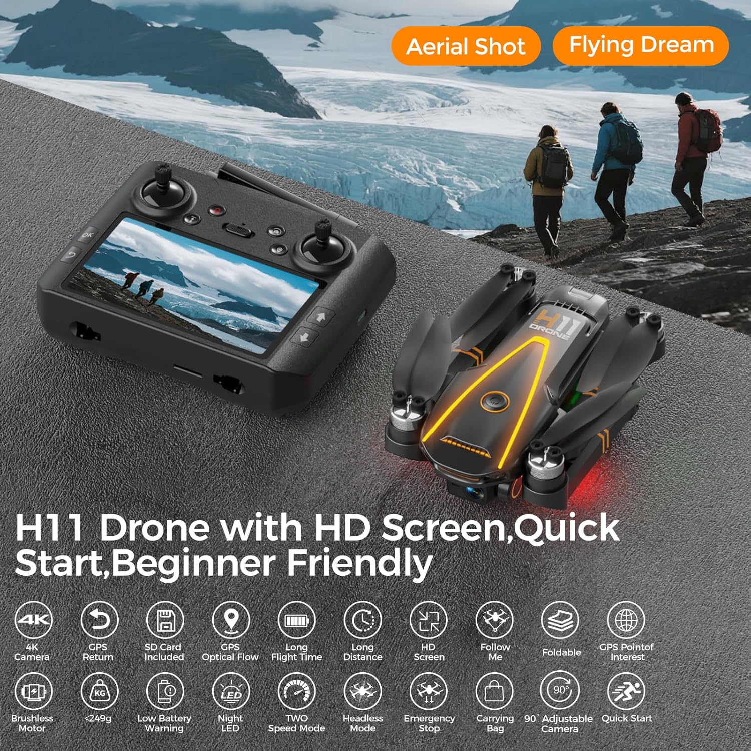 GPS Drone with EIS 4K Camera for Adults Kids, RC Drones with 4.5 inch HD Screen on Controller,Auto Return,2 Batteries