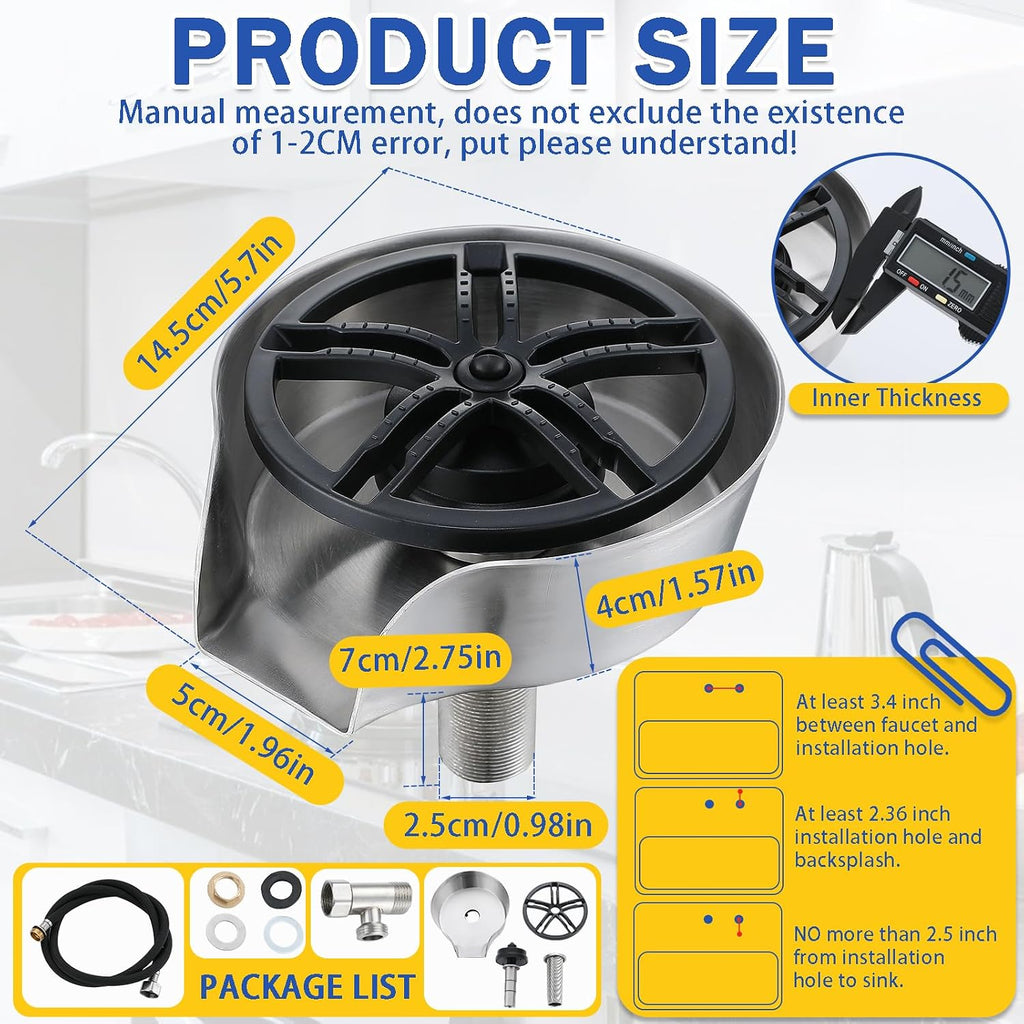 Glass Rinser and Cup Washer for Sink, 360° Rotating Spray Nozzle with Pull-Out Design, Bottle Cleaner - Tilted Base