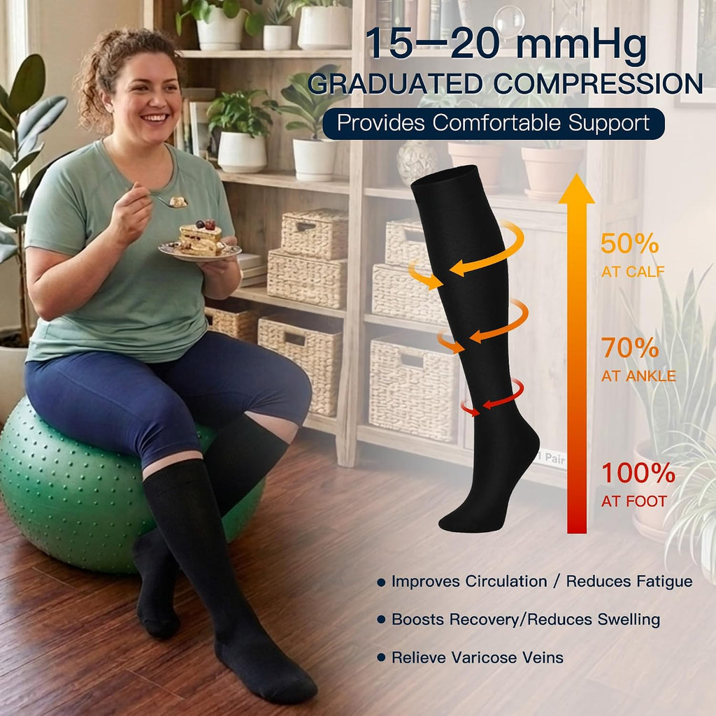8 Pairs Wide Calf Compression Socks for Women Men 15-20 mmHg Knee High