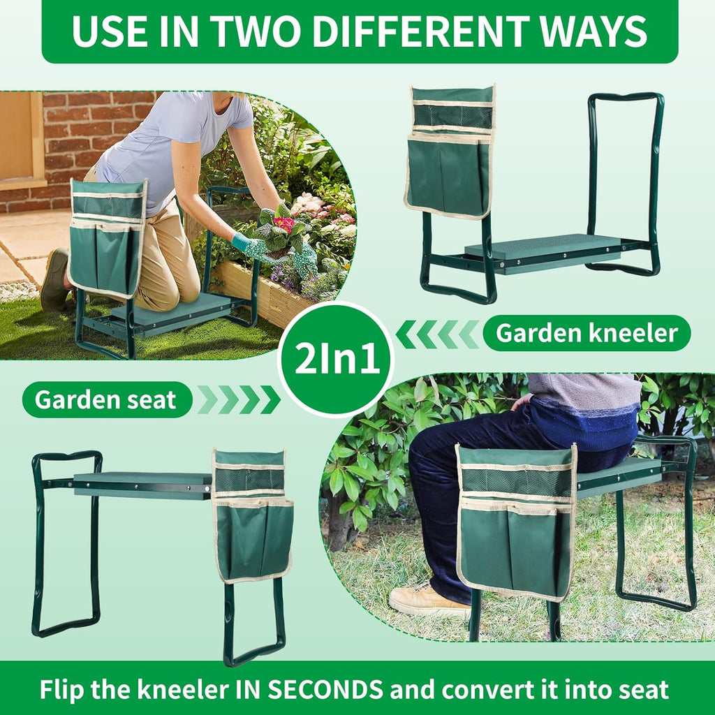 Garden Kneeler and Seat, Portable Foldable Gardening Kneeling Bench Stool with Tool Pouch and EVA Foam Kneeling Pad