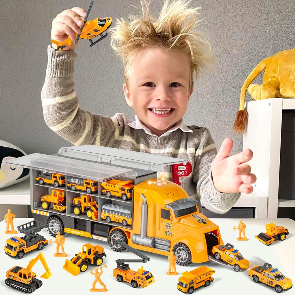 25 in 1 Die-cast Pull Back Construction Truck Vehicle Toys for 3-7Year Old Boy, Sounds and Lights in Large Carrier