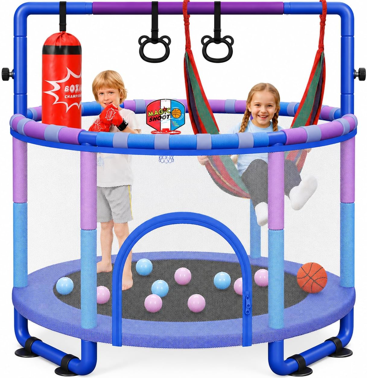 55" Trampoline for Kids with Enclosure, 6-in-1 Toddler Trampoline Indoor Outdoor, Upgrade Full Anti-Rust Tube with