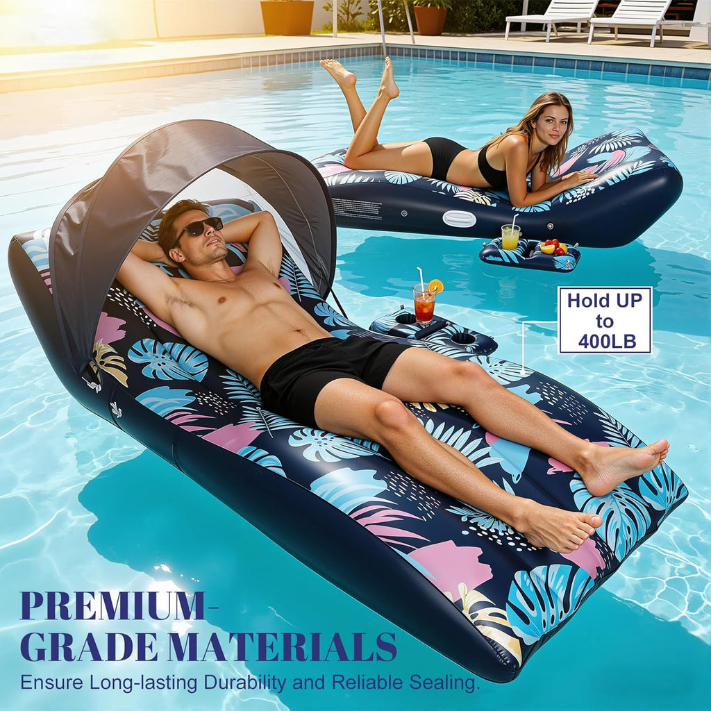 Pool Floats Lounger with UPF50+ Canopy Adjustable, Inflatable Large Floating Chair Ergonomic Design, with Cup