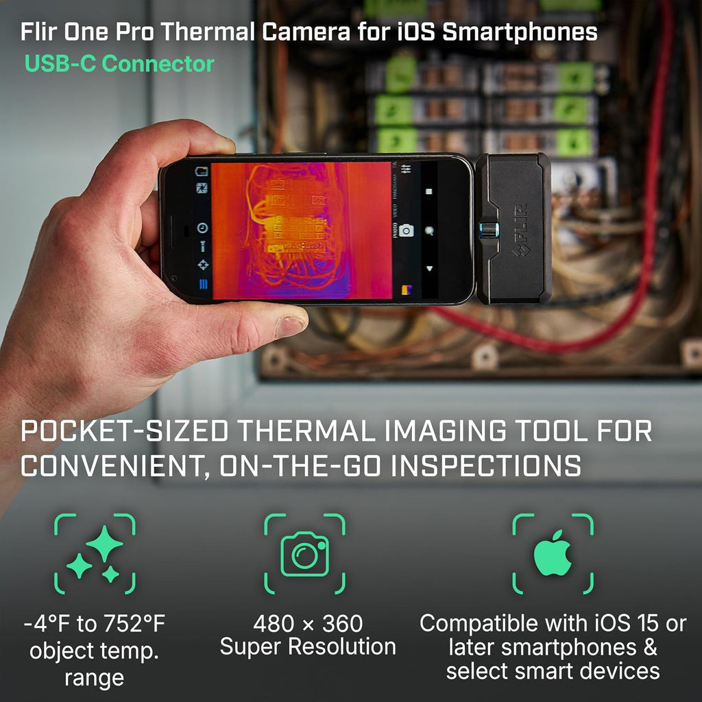 Flir One Pro - Thermal Imaging Camera for iOS Smartphones (iPhone 15 and Newer w/USB-C), 480x360 Super Resolution