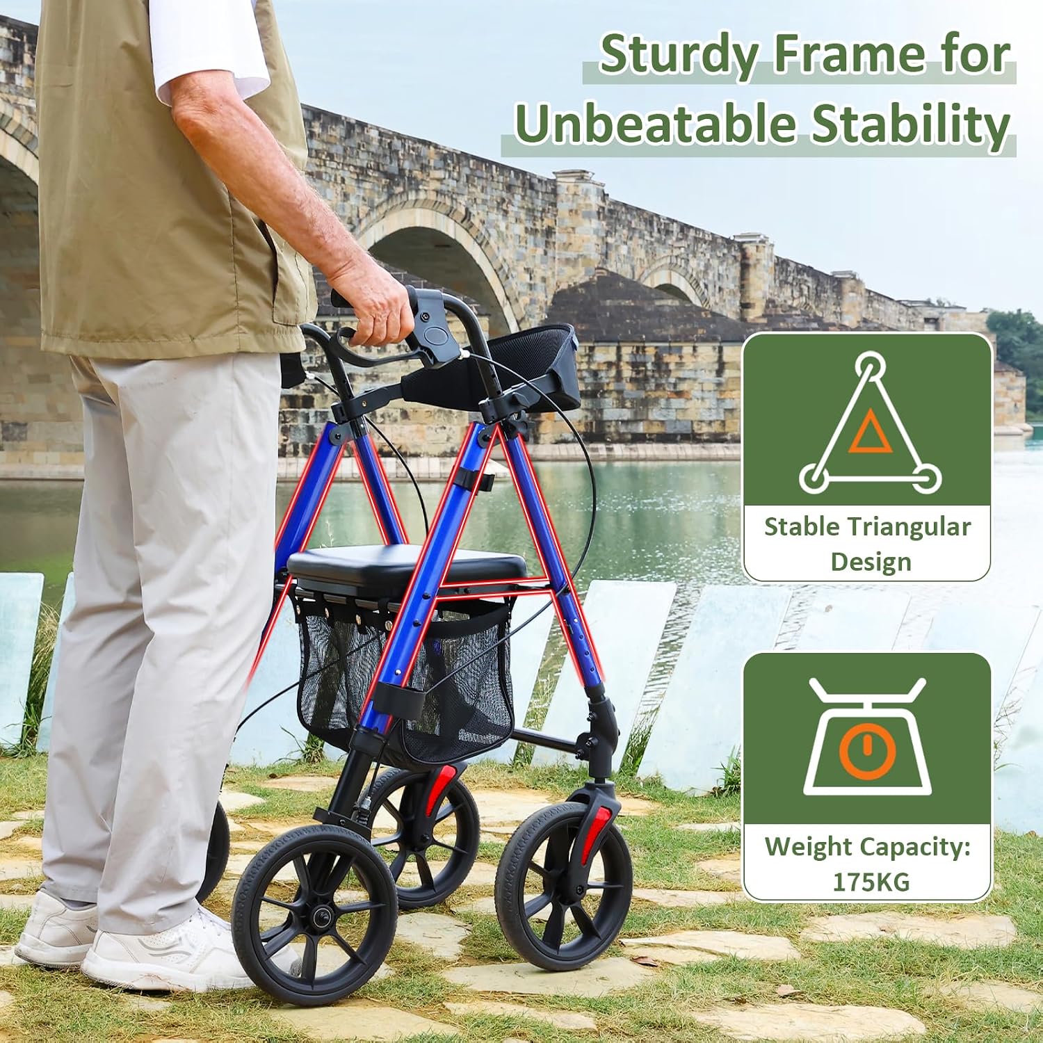 Rollator Walker for Seniors, 10 Inch Big Wheels, Reinforced Aluminum Frame 350lb Weight Capacity, Foldable All