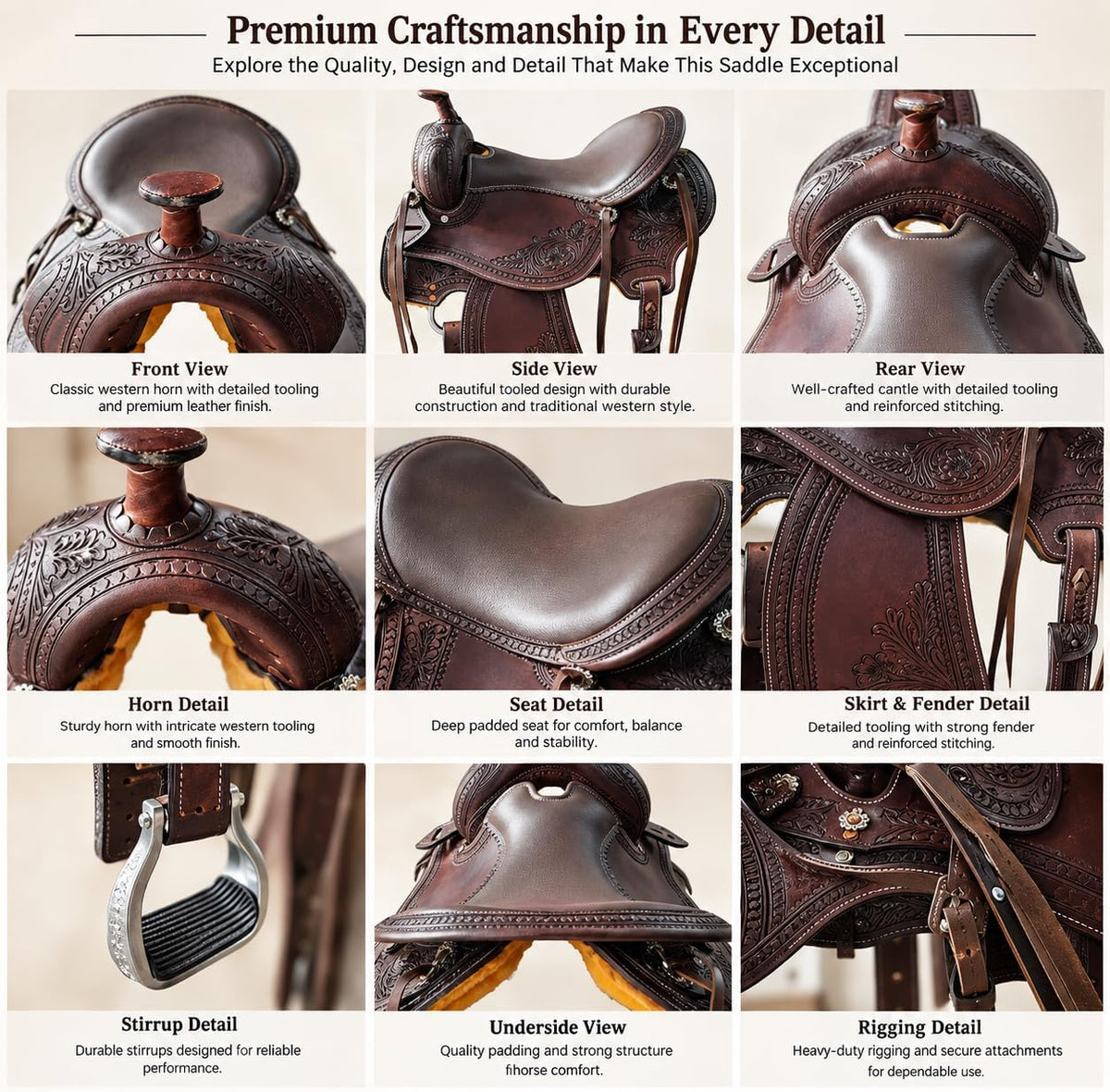 Western Horse Saddle, Premium Tooling Cowboy Saddle for Trail Riding, Ranch, Barrel Racing, Rodeo & Training, 15 16