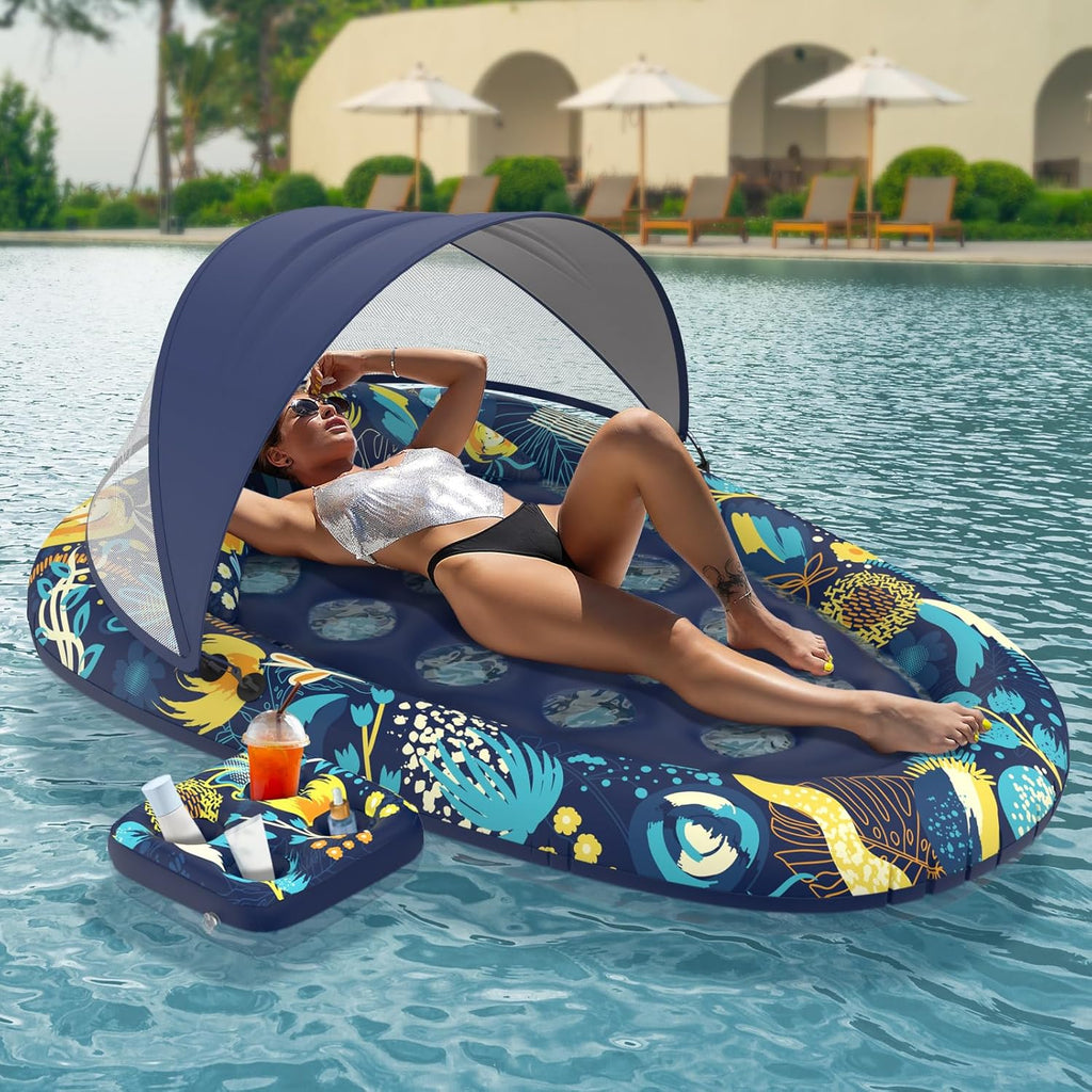 3-in-1 Pool Floats with Canopy Cup Holder, Tanning Pool Large 73" x 48" Float Adult Heavy Duty, Inflatable Lounger