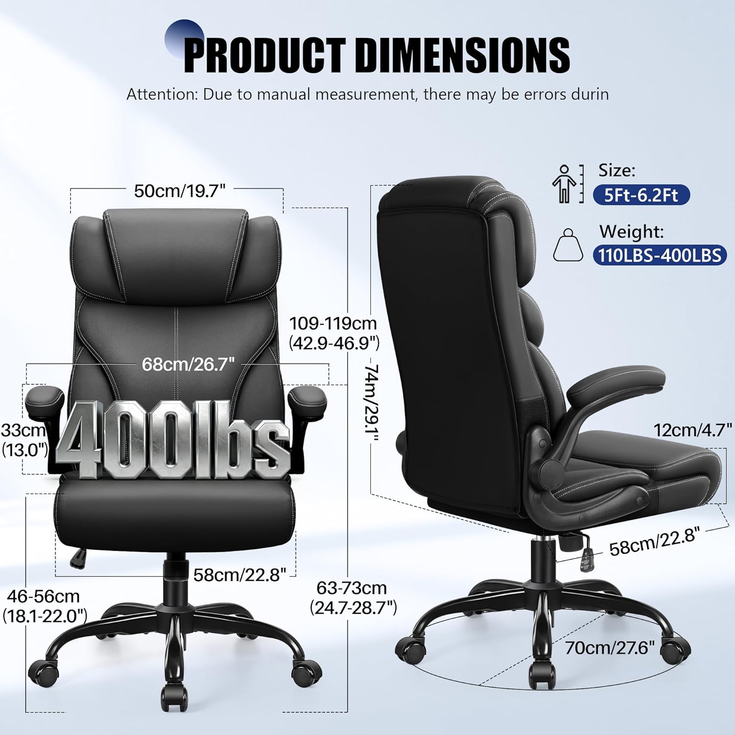 Office Chair, Ergonomic Leather Desk Chair with Flip-up Armrests, Big and Tall High Back Executive Computer & Gaming