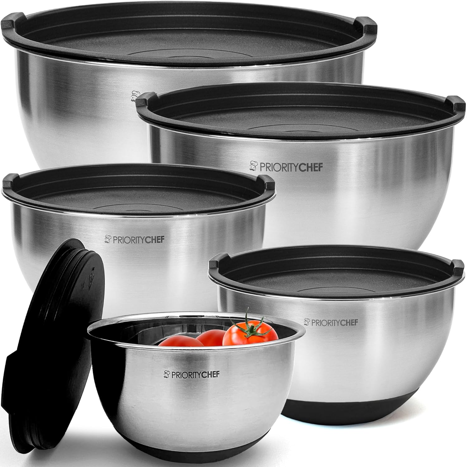 Premium Mixing Bowls With Lids Set, Airtight Lids, Thicker Stainless Steel, Non-Slip Base, 5 Nesting Steel Bowls for
