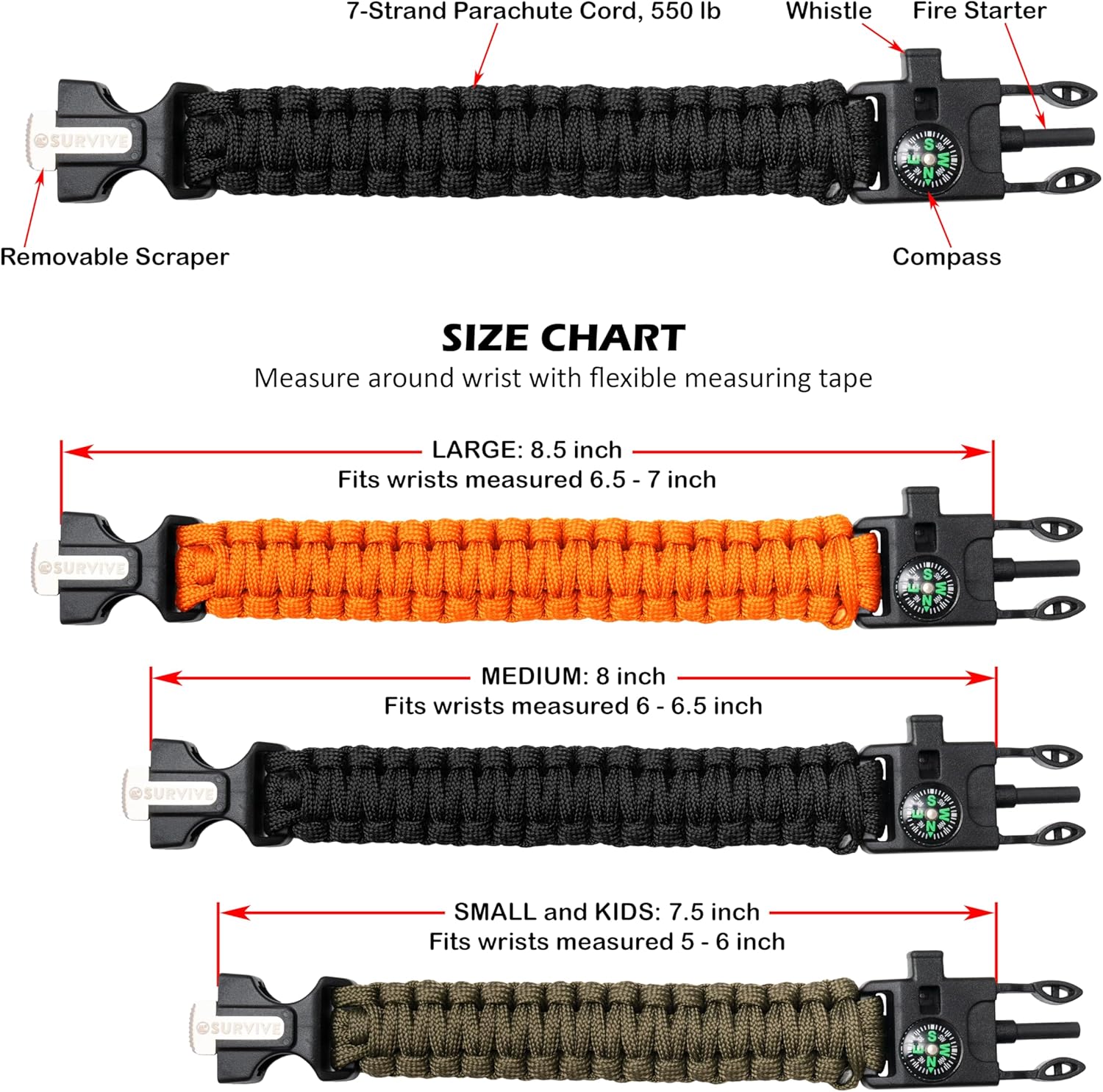 Paracord Bracelet, Pack of 2, Emergency Hiking Survival Kit Fire Starter Compass Whistle, 3 Wrist Sizes: Small Medium
