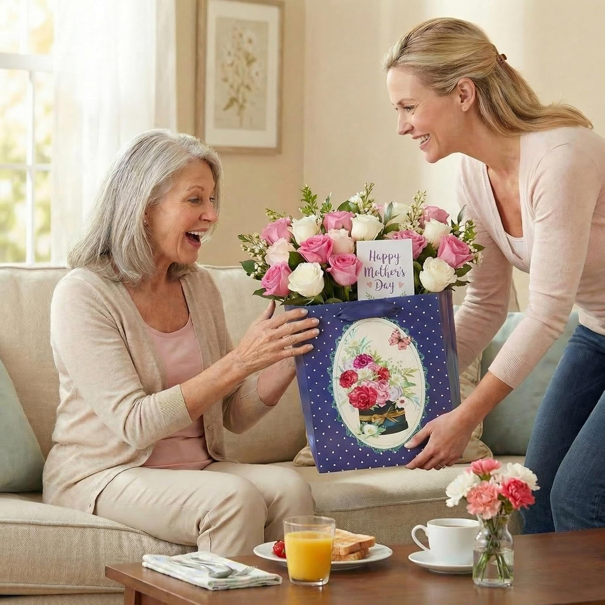 8 Pack Floral Kraft Gift Bags Assorted Sizes with Tissue Paper