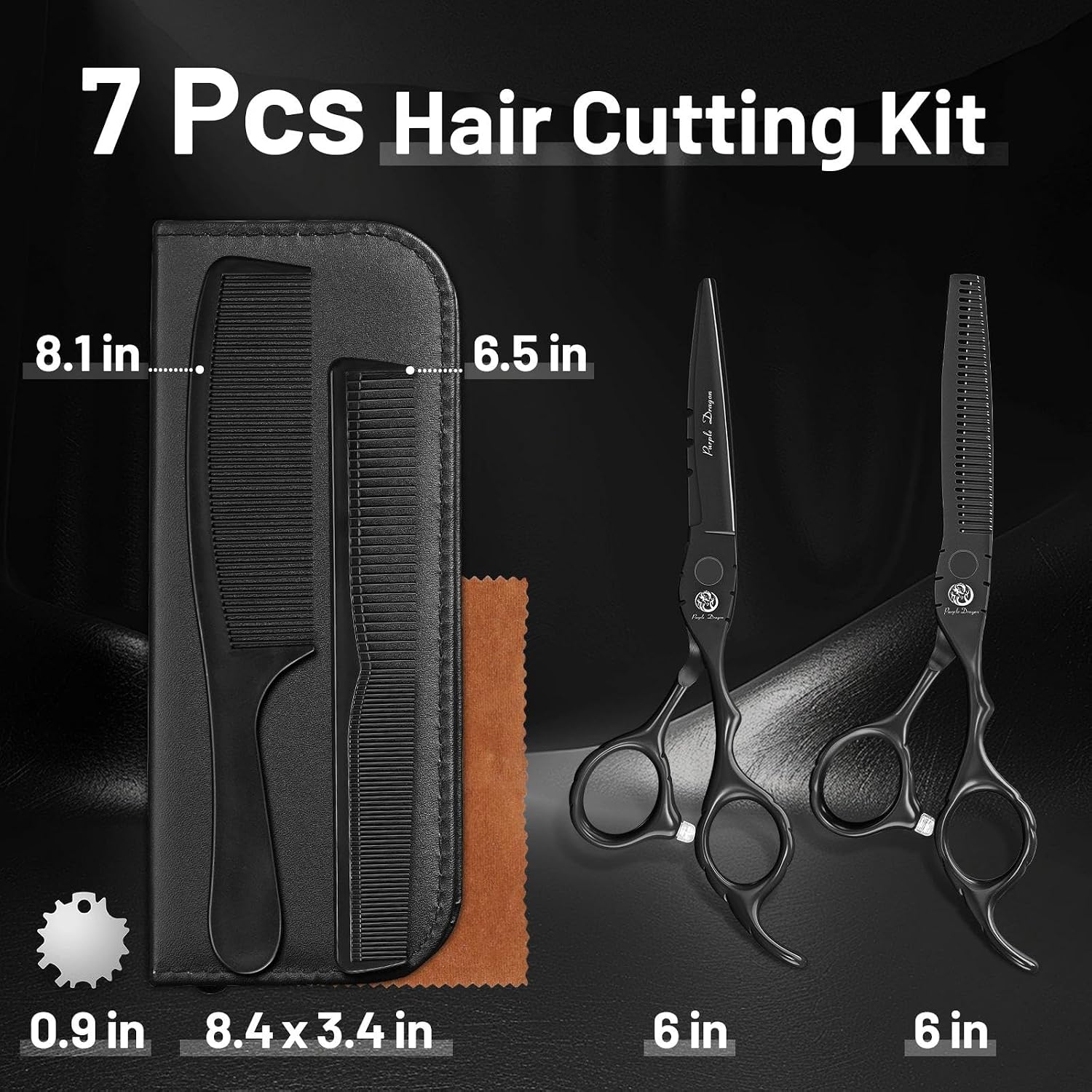 6 inch Hair Cutting Shears Set with Bag for Barbers - Black | Japanese 440C Steel Hairdressing Scissors, Straight &