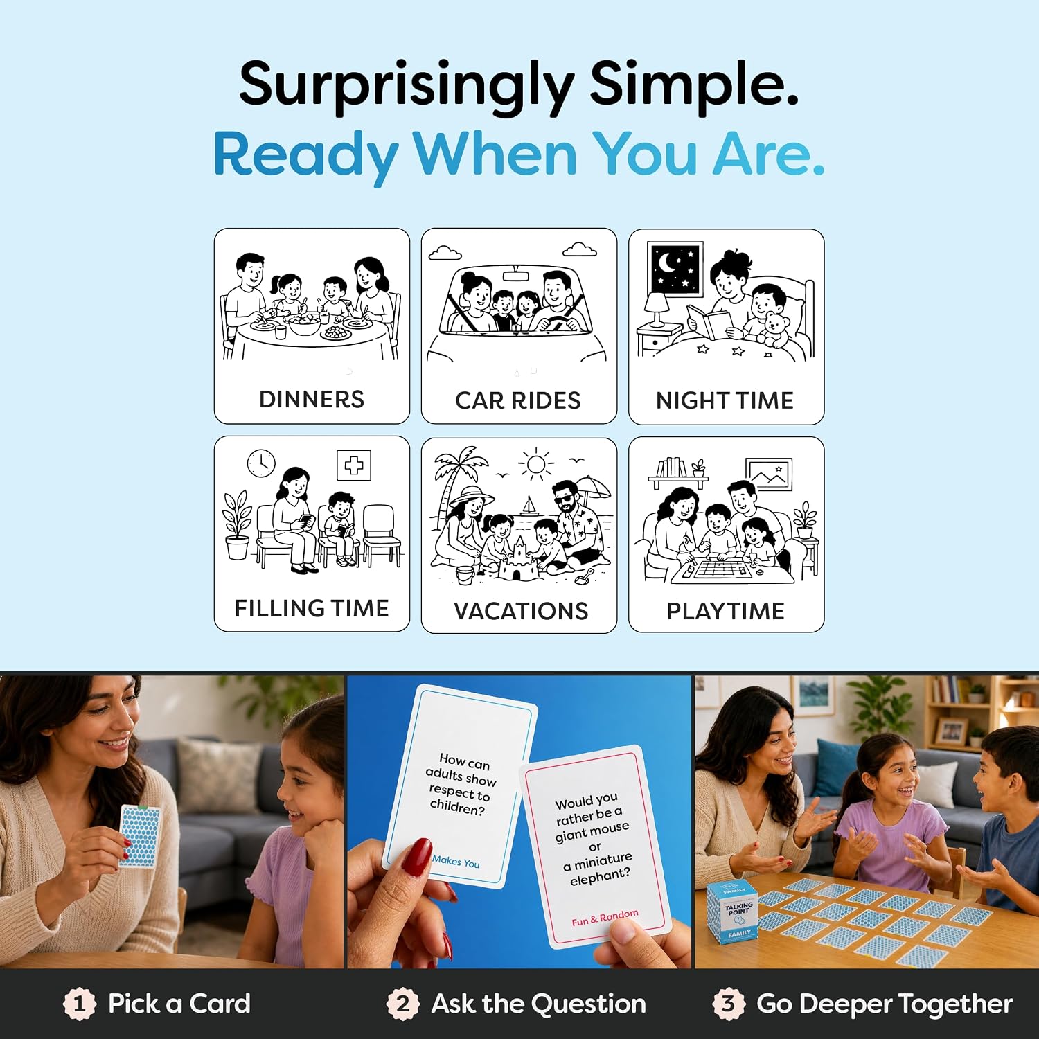 200 Family Conversation Cards for Kids, Teens & Adults - Question Card Game | Fun screen-free connection; dinner
