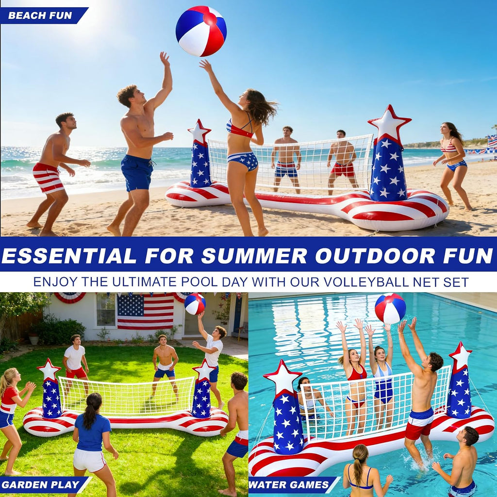 American Flag Pool Games Large Volleyball Net Pool Float Set | 9" Beach Ball, 2 Weight Bags, Large Floating Swimming