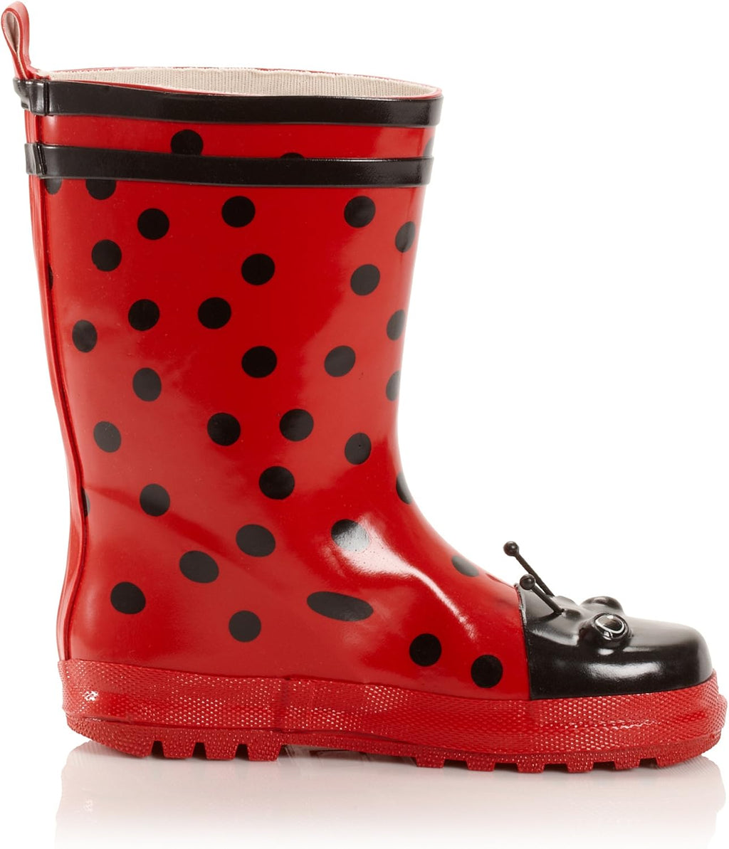 Red Ladybug Natural Rubber Rain Boots With A Pull On Heel Tab