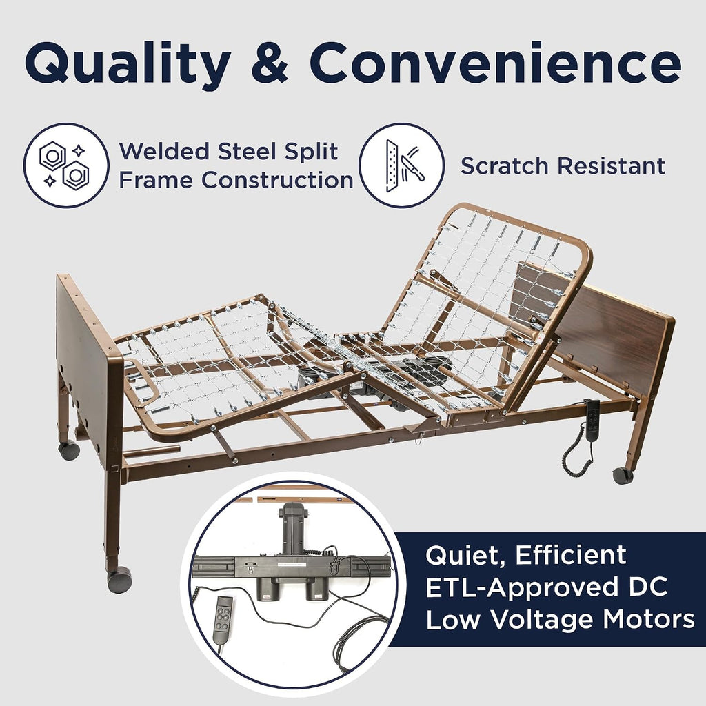 Electric Hospital Bed for Home Use - Includes Foam Mattress, Half Rails, Overbed Table - Medical Bed Set for Long