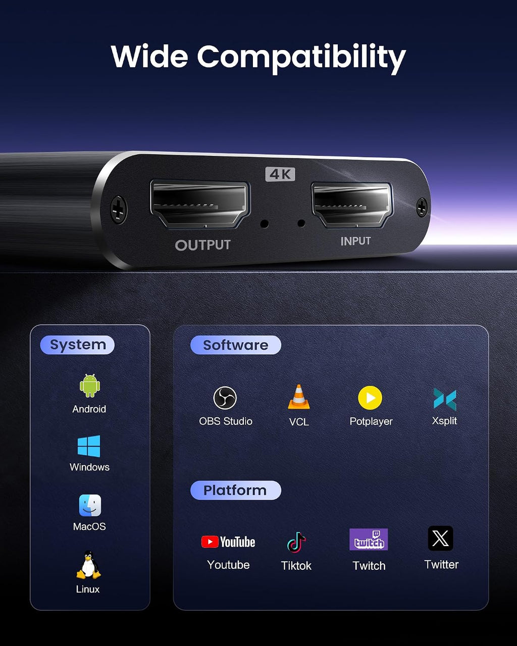 4K HDMI Capture Card for Streaming, USB 3.0/Type-C Game Video Capture Card | Includes 2pcs HDMI Cables & USB Cable