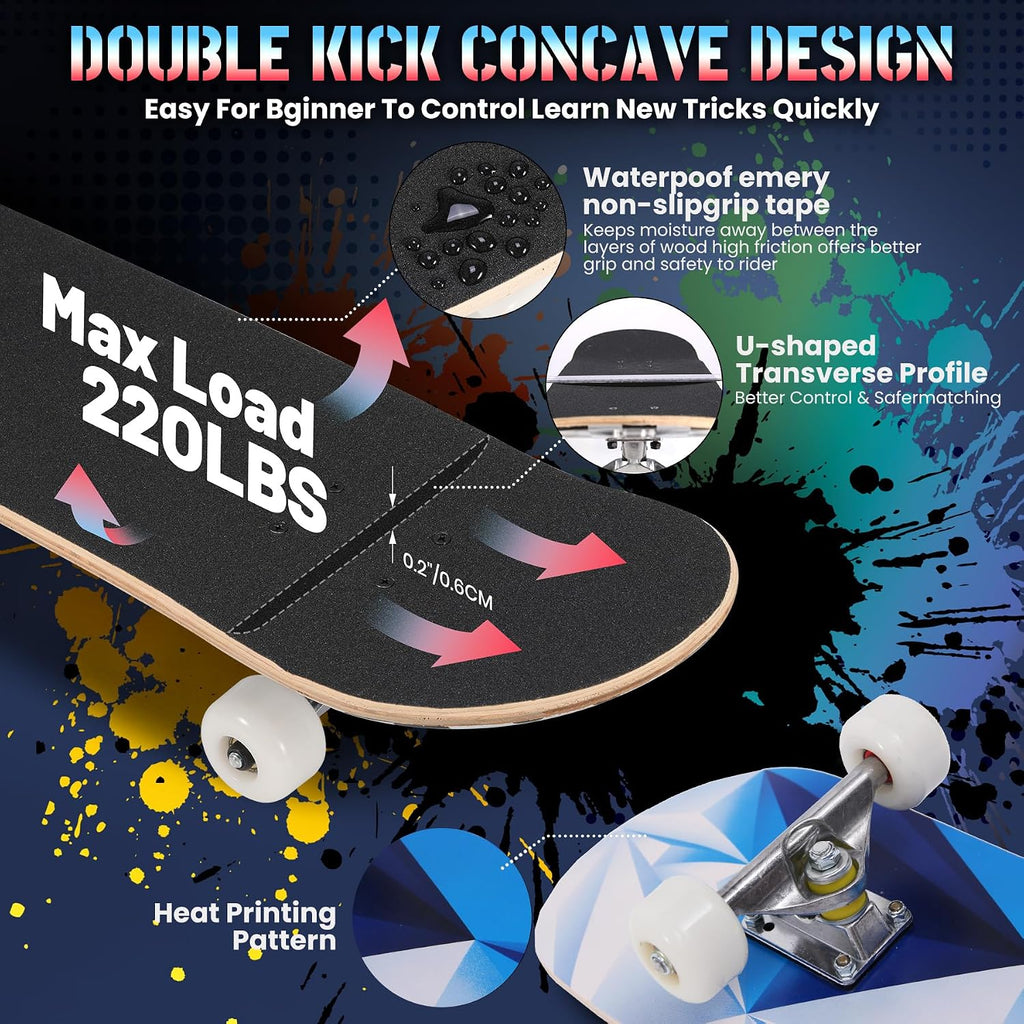 Pro Complete Skateboards for Beginners Girls Boys Kids Youths Teens Adults 31"x8" Skate Boards 7 Layers Canadian