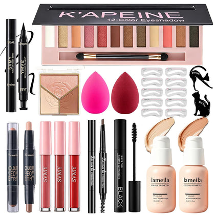 All in One Makeup Kit for Women Full Kit, Makeup Essential Bundle 12 Colors Eyeshadow Foundation Lipsticks Eyeliner