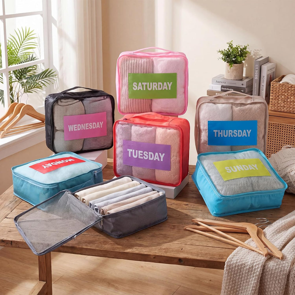 14 Pcs Packing Cubes for Travel Days of Week Packing Cubes with Labels Zippered Camping Bag for Summer Camp Essentials