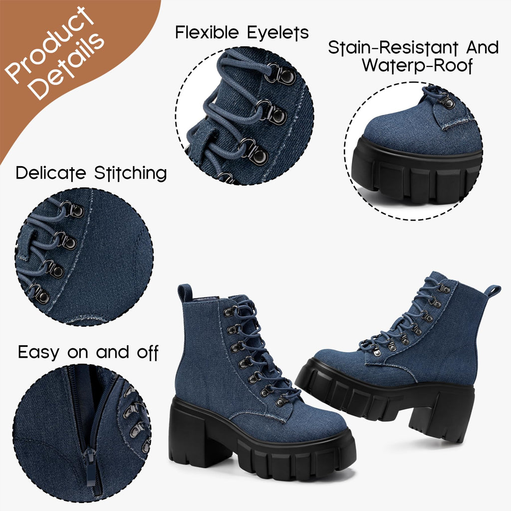 Womens Combat Boots Ankle Booties Lace up High Heel, Denim Size 7.5
