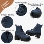 Womens Combat Boots Ankle Booties Lace up High Heel, Denim Size 7.5