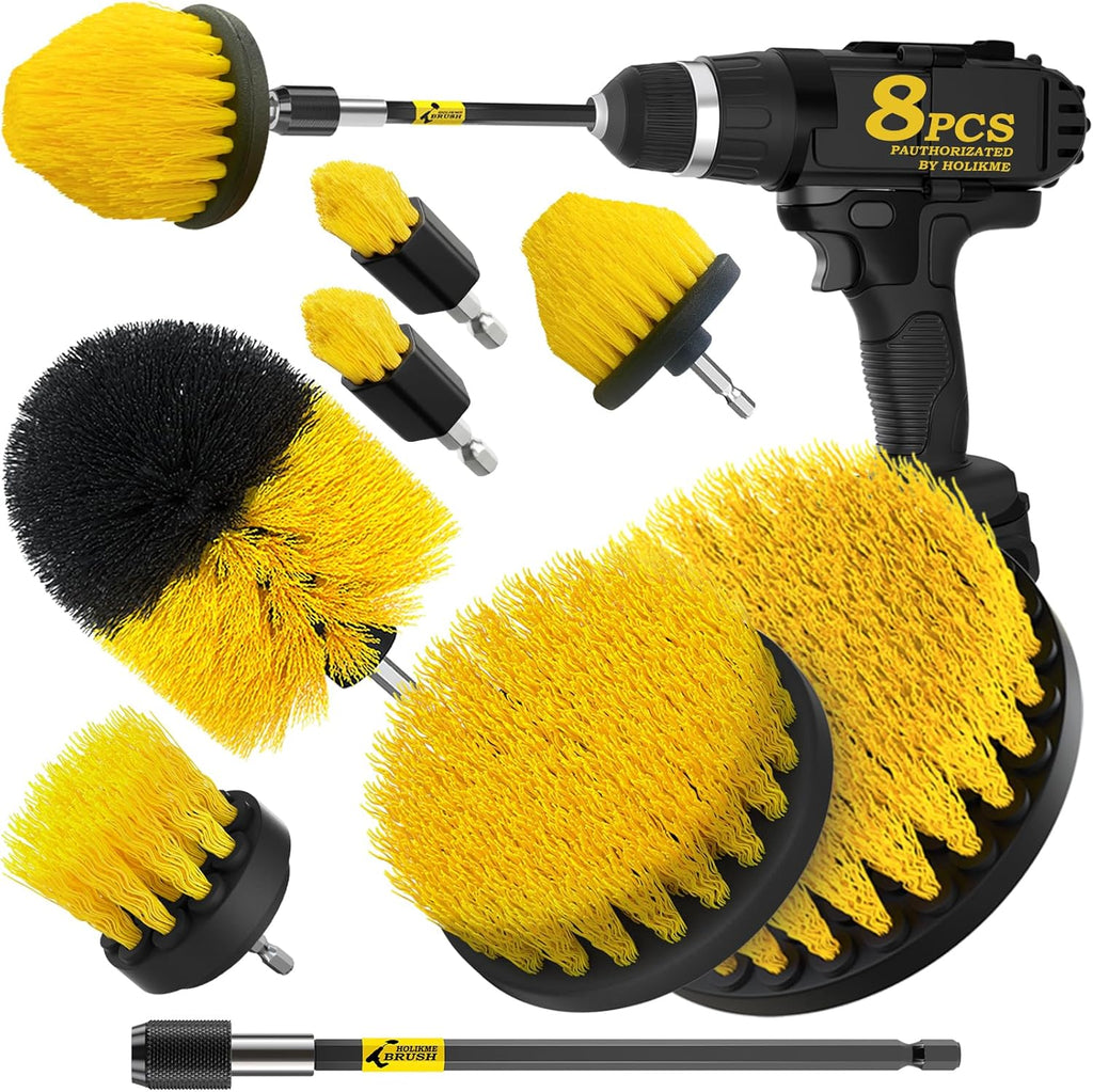 8 Piece Drill Brush Attachments Set, Power Scrubber with Extend Long Attachment，Cleaning Supplies for Bathtub