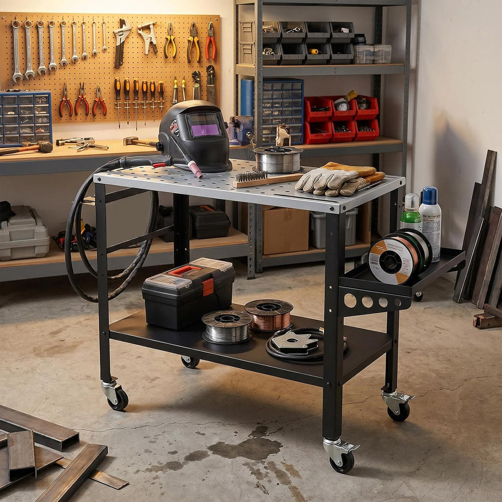 Rolling Welding Table, 1200 LBS Welding Workbench Table Top w/Lockable Wheels, Tool Rack & Tray, 144 5/8” Holes, Tool