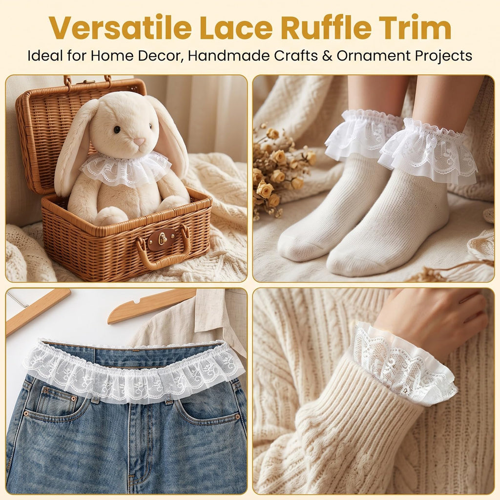 10 Yards White Vintage Double-Layer Lace Trim Ruffle Ribbon
