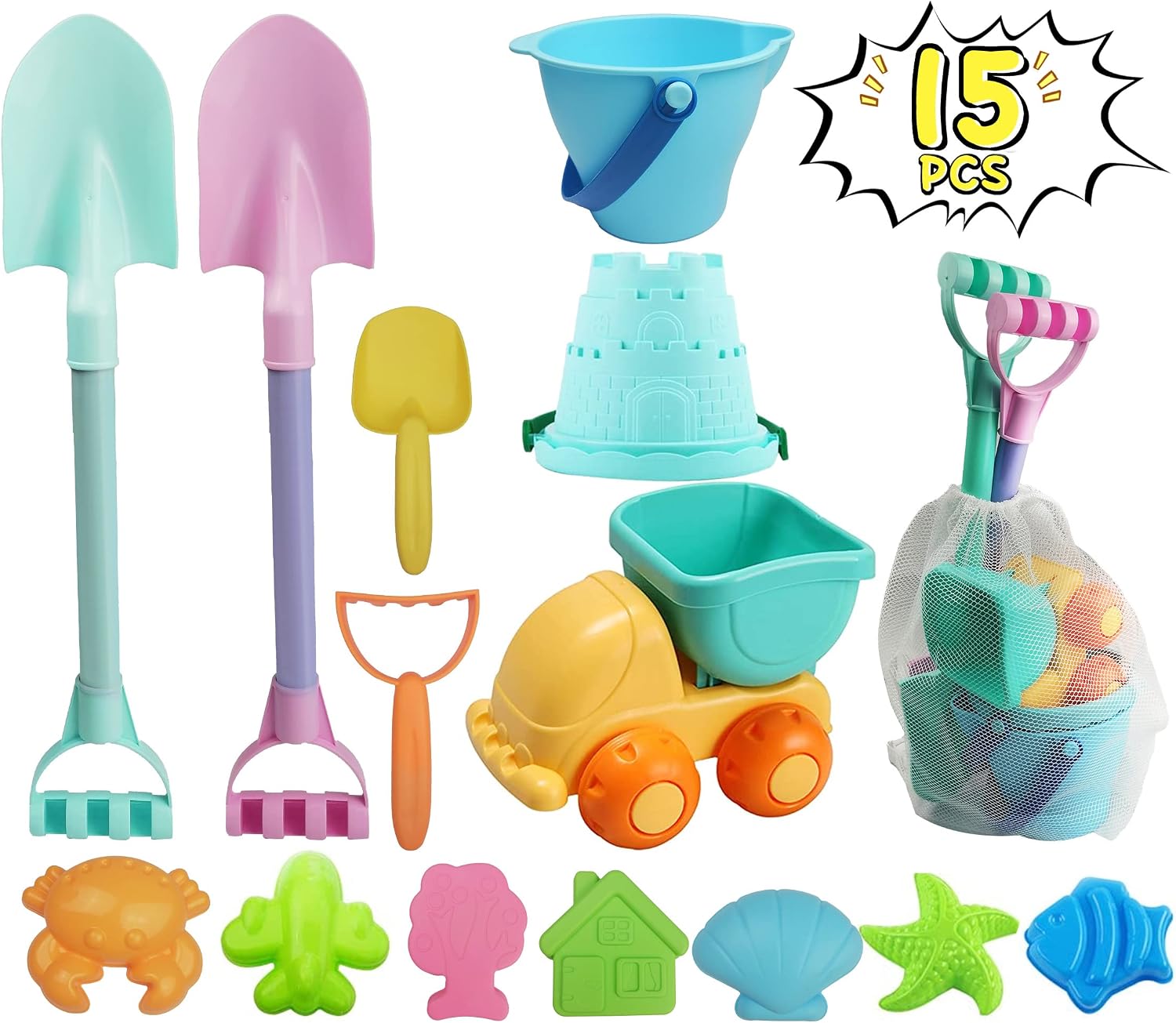 Long Shovels Sand Toys Set with Mesh Bag Including Dump Truck, Beach Buckets, Shovels, Rakes, Molds, Outdoor Beach