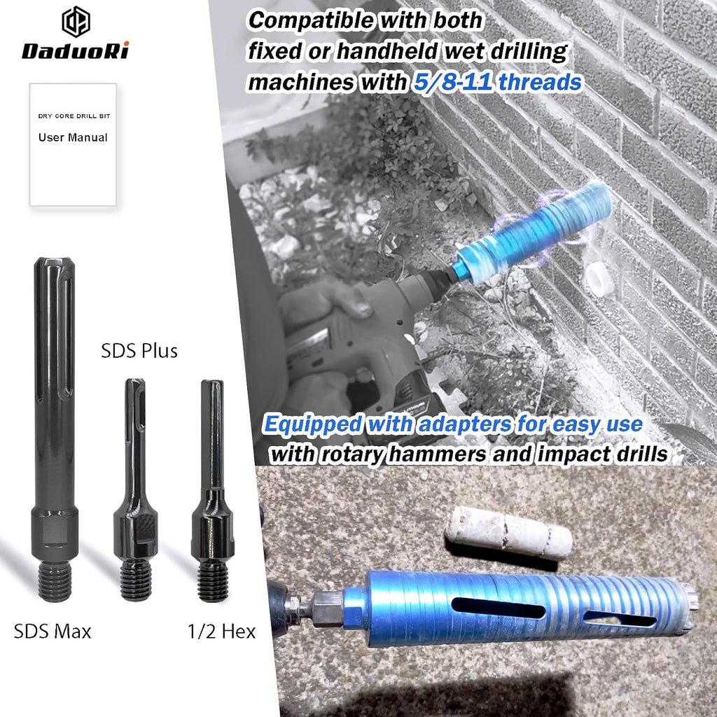 4 1/4" Dry Core Drill Bit, 5/8"-11 Thread, with 3 Adapters Included: SDS Plus, SDS Max and 1/2" Hex Shank, 9.5"