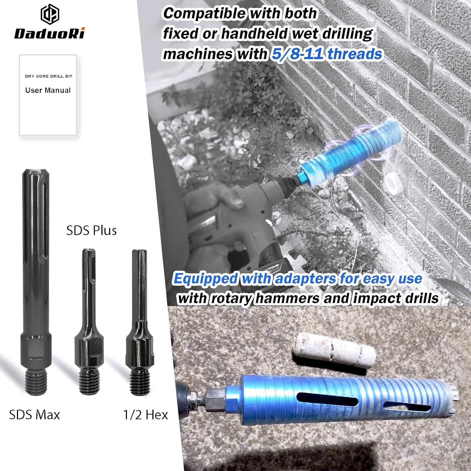 4 1/4" Dry Core Drill Bit, 5/8"-11 Thread, with 3 Adapters Included: SDS Plus, SDS Max and 1/2" Hex Shank, 9.5"
