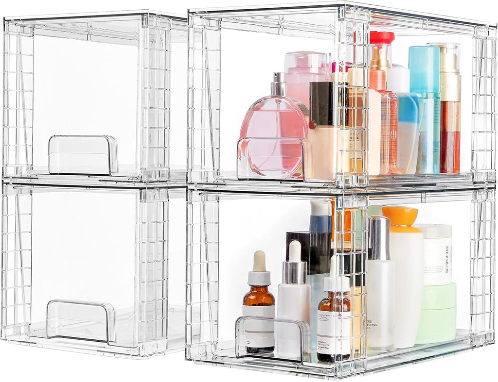 4 Pack Large Stackable Storage Drawers,Easily Assemble Acrylic Bathroom Closet Undersink Organizers and