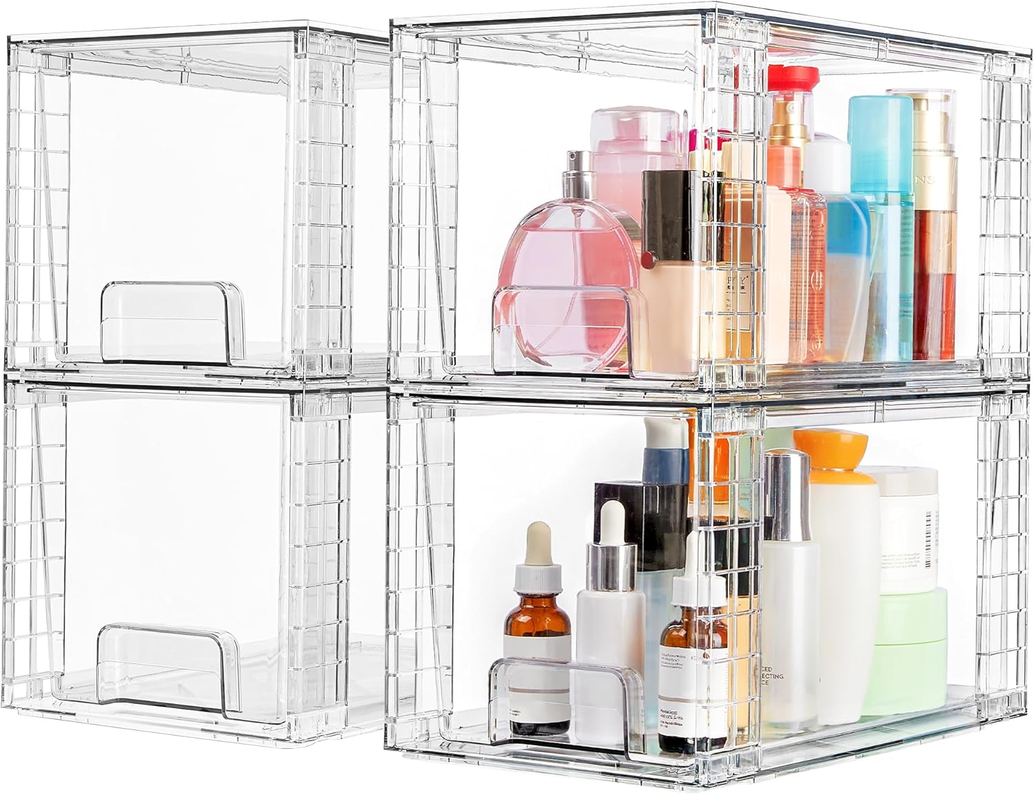 4 Pack Large Stackable Storage Drawers,Easily Assemble Acrylic Bathroom Closet Undersink Organizers and