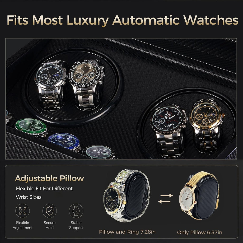 Watch Winder for Automatic Watches, Automatic Watch Winder | 4 Watch Winder with 6 Slots, Carbon Fiber Finish