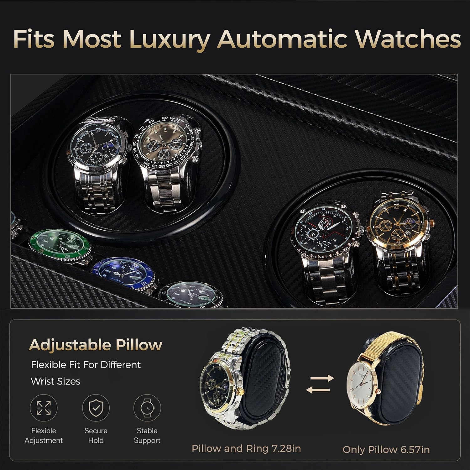 Watch Winder for Automatic Watches, Automatic Watch Winder | 4 Watch Winder with 6 Slots, Carbon Fiber Finish