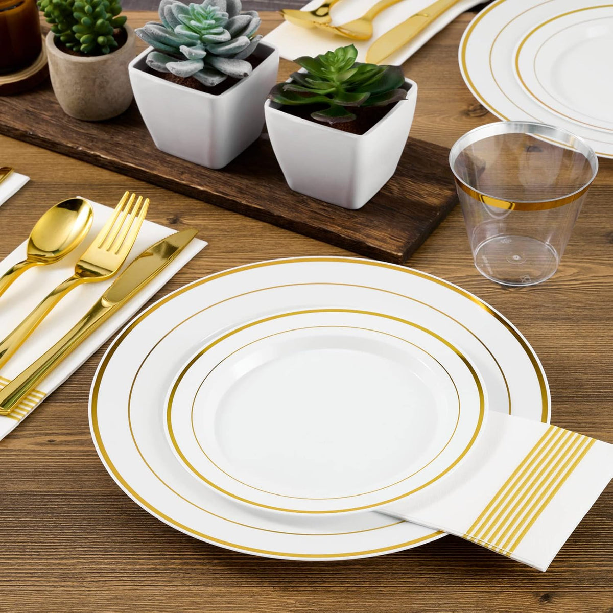 Gold Plastic Plates Set of 60, Disposable Plates with Gold Rim
