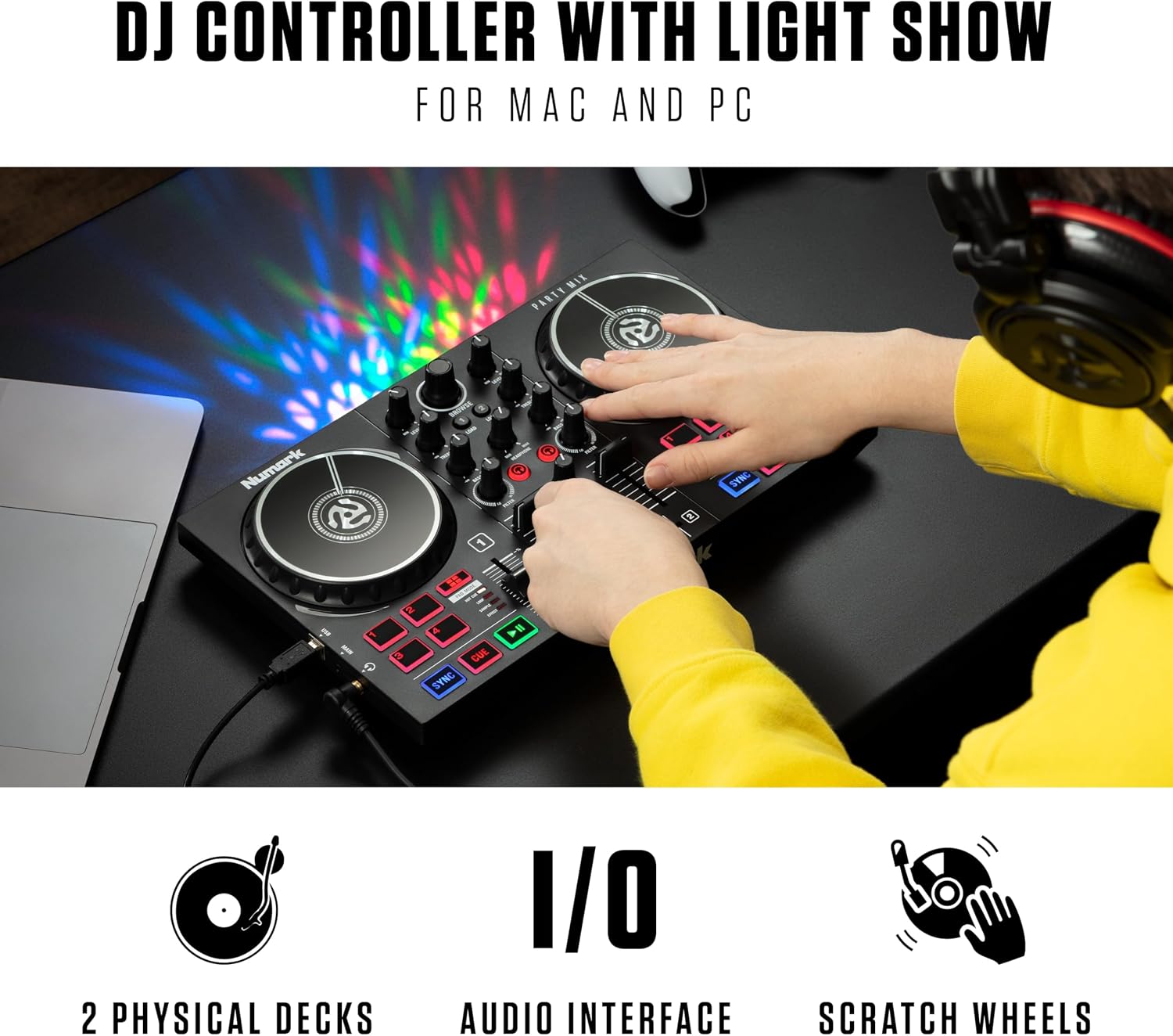 Party Mix II DJ Controller with Built-in Lights | 2-Decks, 2 Filter FX Knobs, DJ Mixer, Touch-Capacitive Wheels