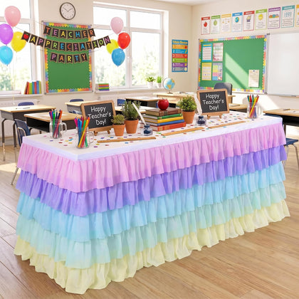 6ft Rainbow Tutu Table Skirt for Rectangle Round Tables Chiffon Table Cloth for Birthday Party Decorations Baby