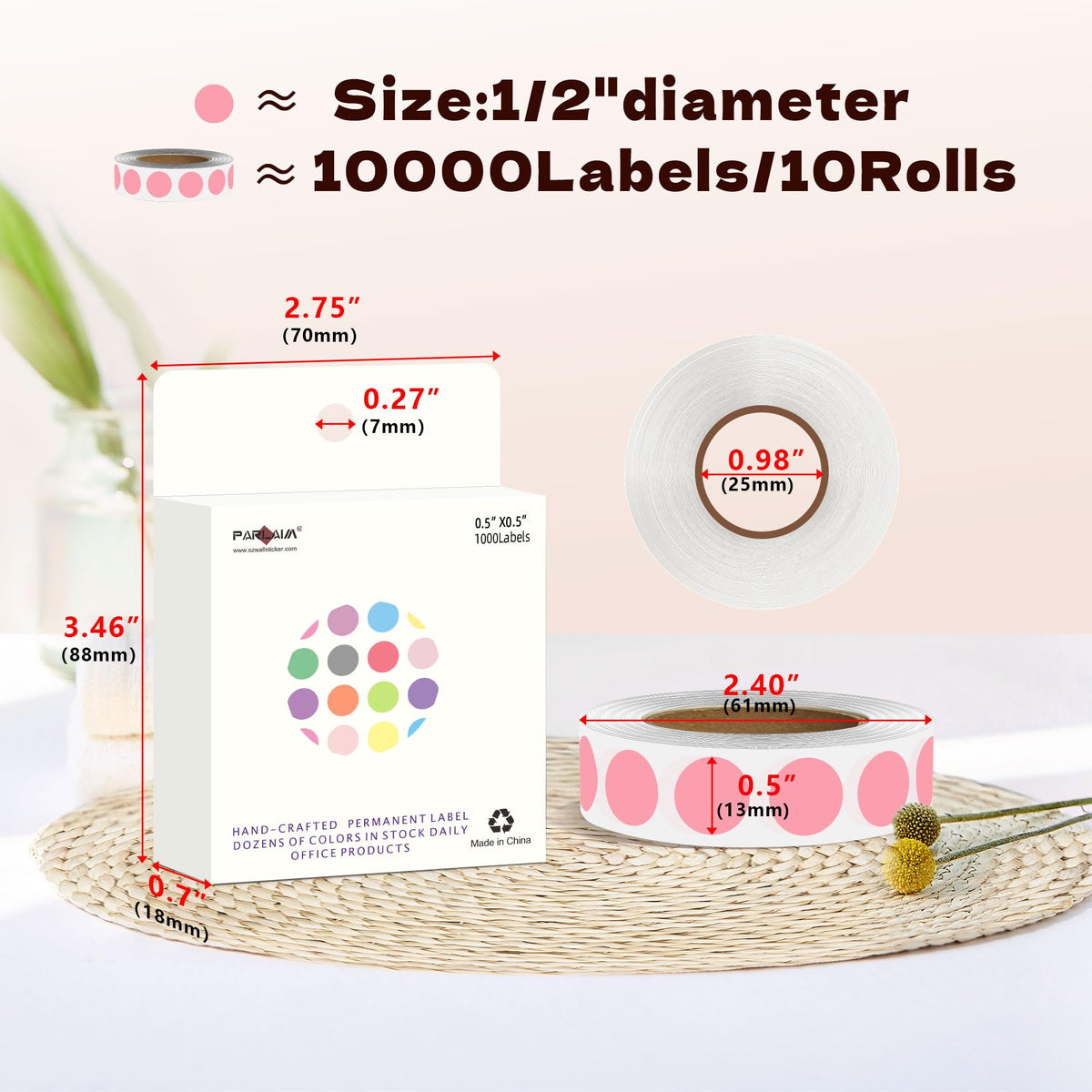 10000PCS 1/2 Inch Round Color-Code Dot Stickers,Circle Colorful Coding Label Sticker for Home Office (Pink)