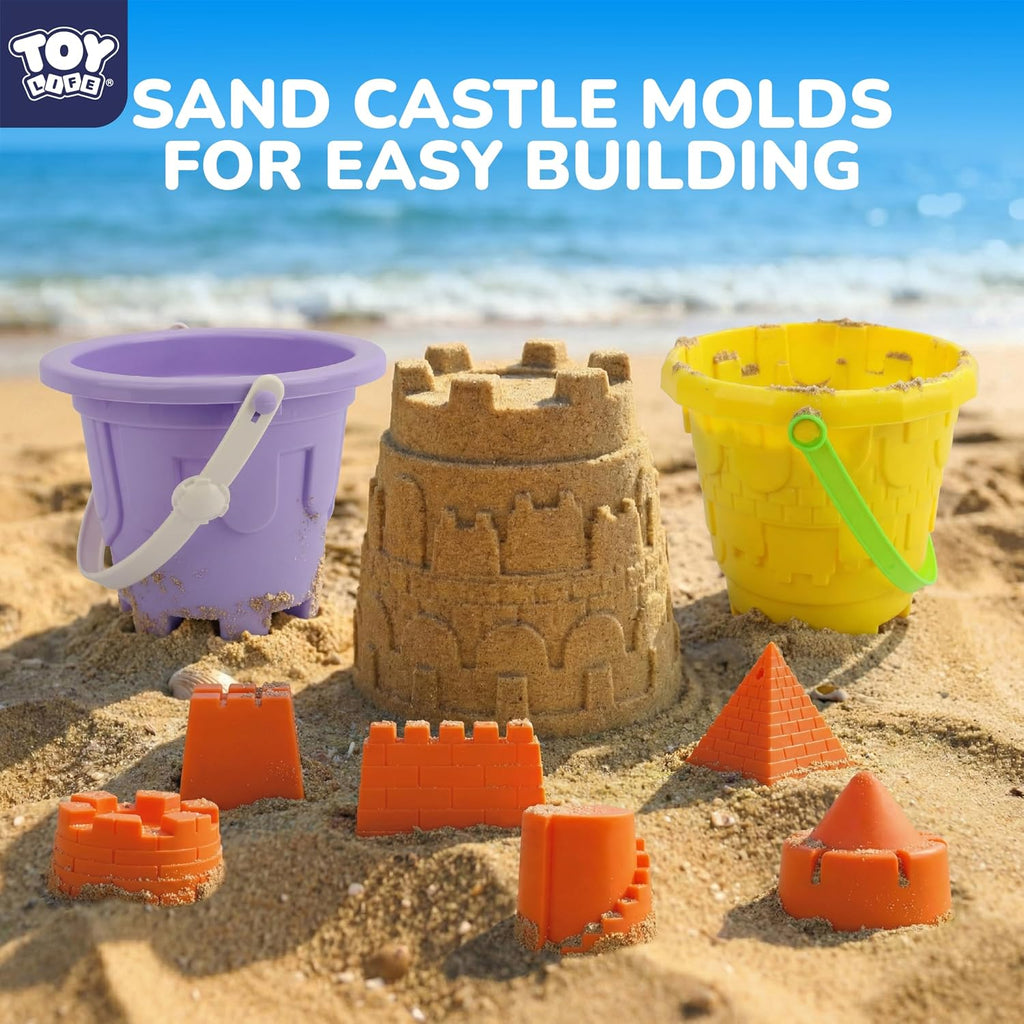 Beach Toys for Kids, 11-Piece Sand Castle Bucket & Sand Toys Set | 6 sand molds, 2 shovels, mesh bag, beach pail &