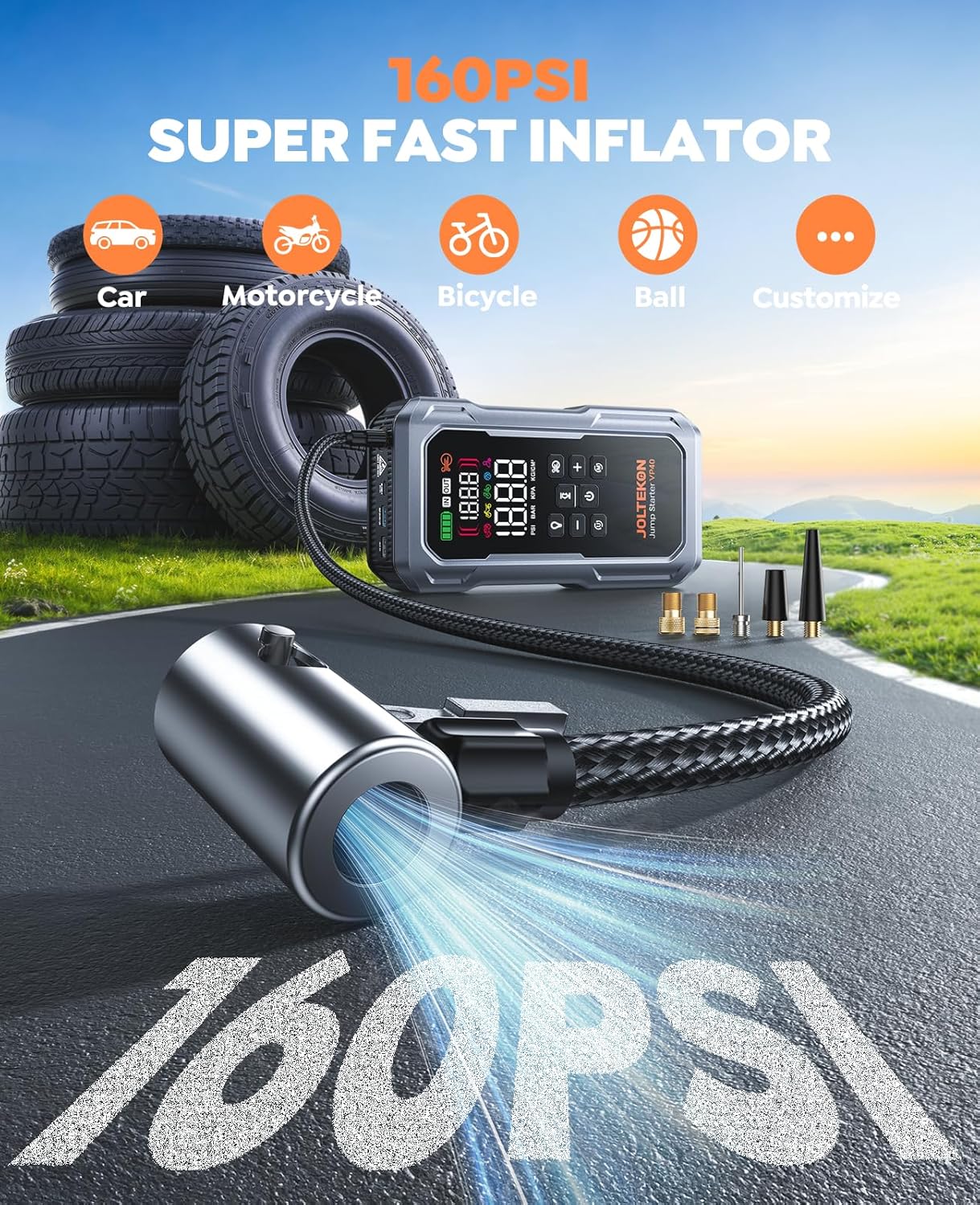 6000A 160PSI 9-in-1 Car Battery Jump Starter with Air Compressor & Air Blower (All Gas 12L Diesel), Battery Jumper