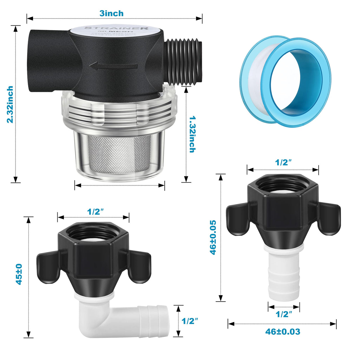 Dreyoo 1/2 Inch RV Pump Strainer, Compatible with Shurflo 255-313
