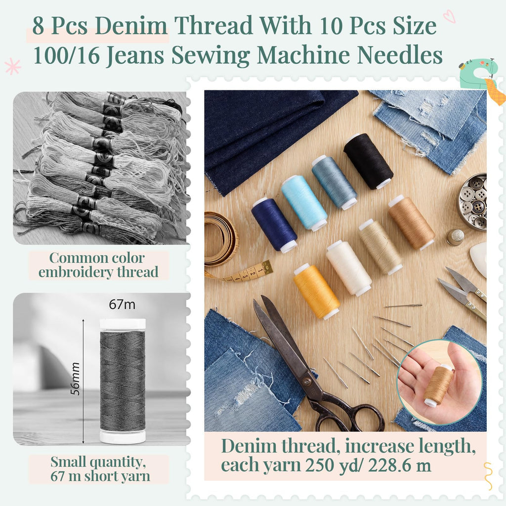 18 Pcs Denim Thread Set 8 Pack 250 Yards/roll Denim Thread