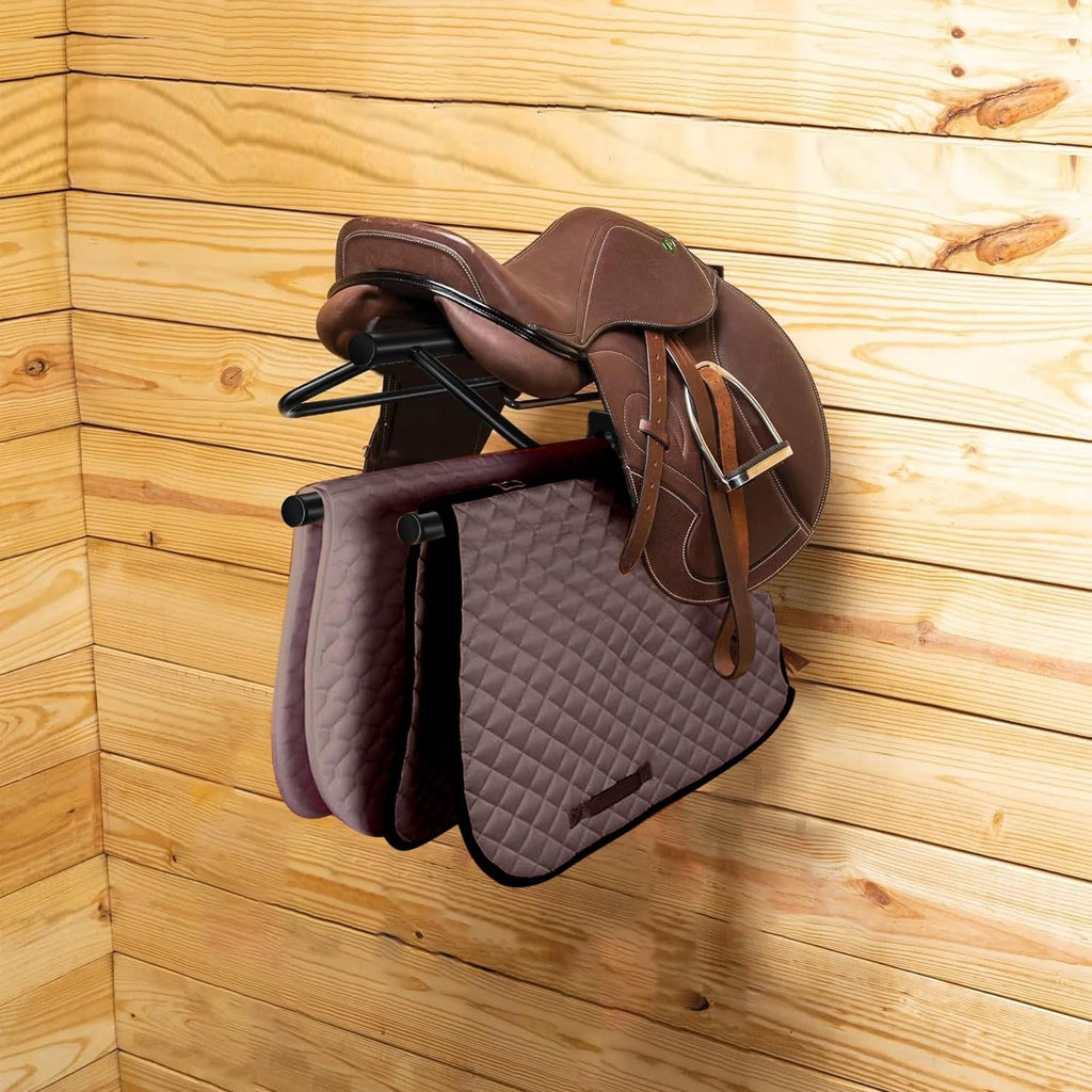 4 Sets Wall Mounted Saddle Rack With Double Pad Bar - Heavy Duty Stand for English and Western Saddles
