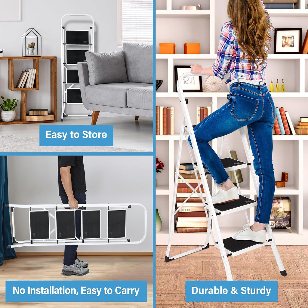 4 Step Ladder, Folding Step Stool with Wide Anti-Slip Pedal, 330lbs Sturdy Steel Ladder for Adults, Portable Steel