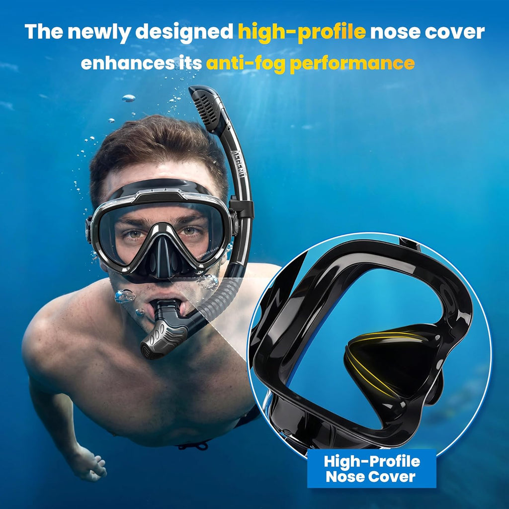 Snorkeling Gear for Adults Youth, Dry Snorkel Set with Ergonomic Raised Nose Cover for Anti-Fog with Mesh Bag, HD